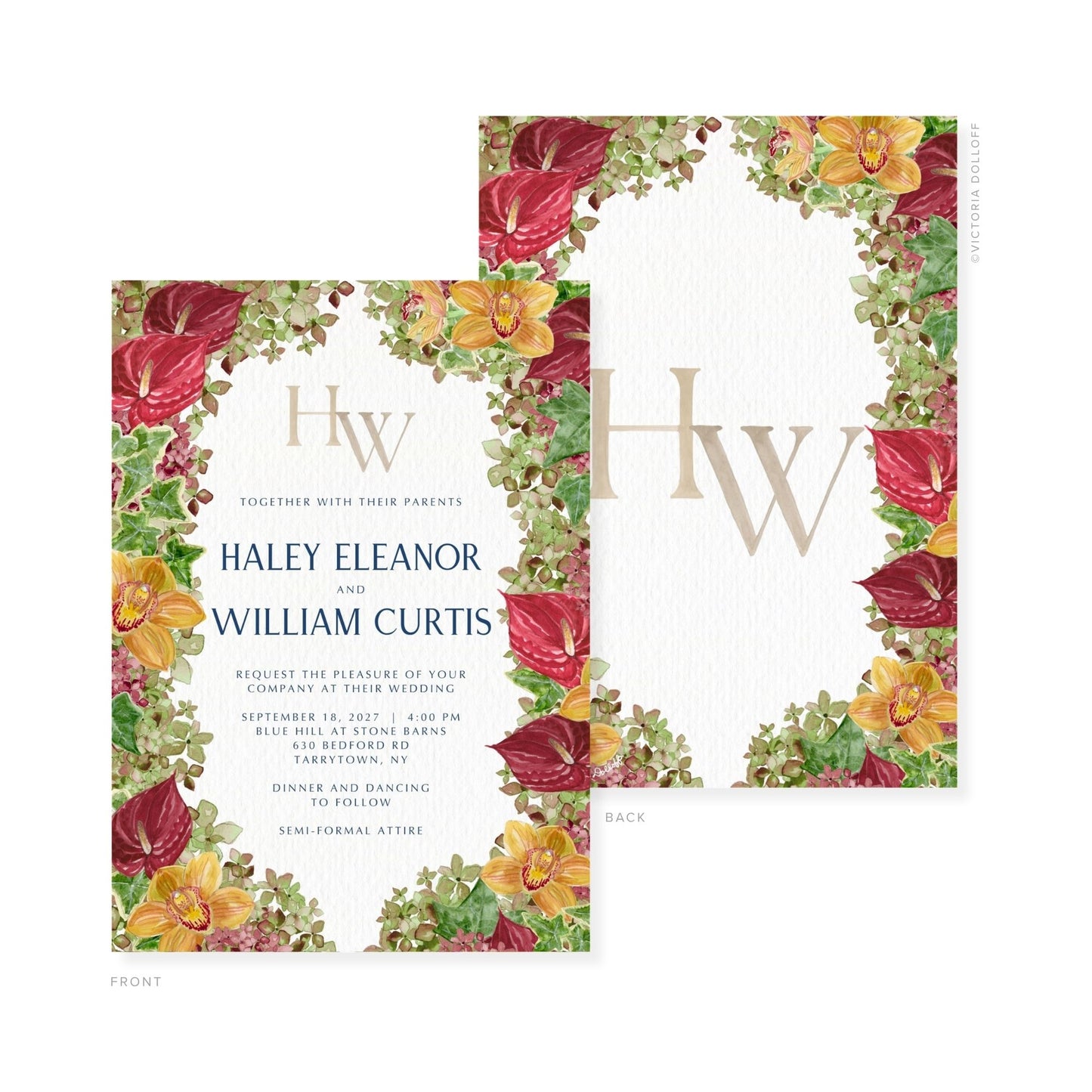 Watercolor floral wedding invitation with monogram “HW” and printed schedule text on front