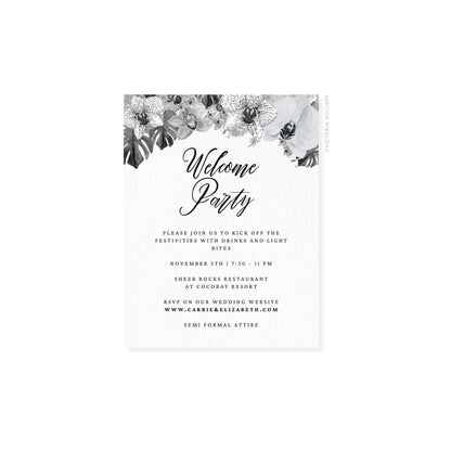 Einladungskarte „Welcome Party“ mit verspielter Script-Schrift, schwarzer Typografie