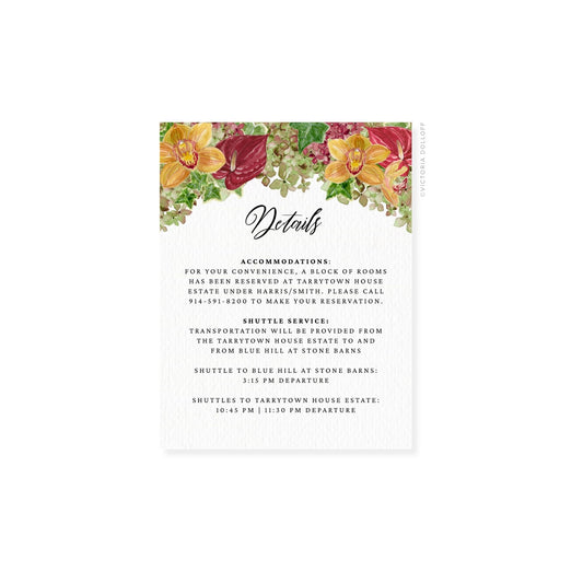 Floral watercolor enclosure card, centered “Details” script and service details wording