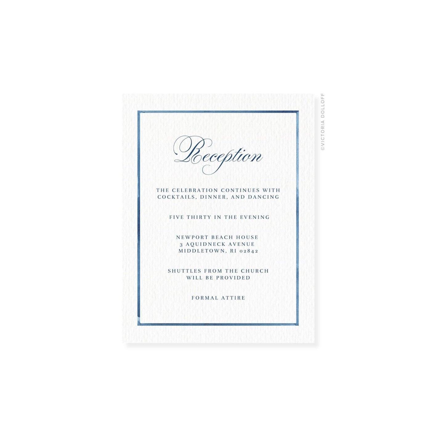 Reception enclosure card with blue border and light script “Reception” title