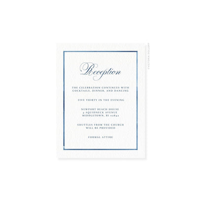 Reception enclosure card with blue border and light script “Reception” title