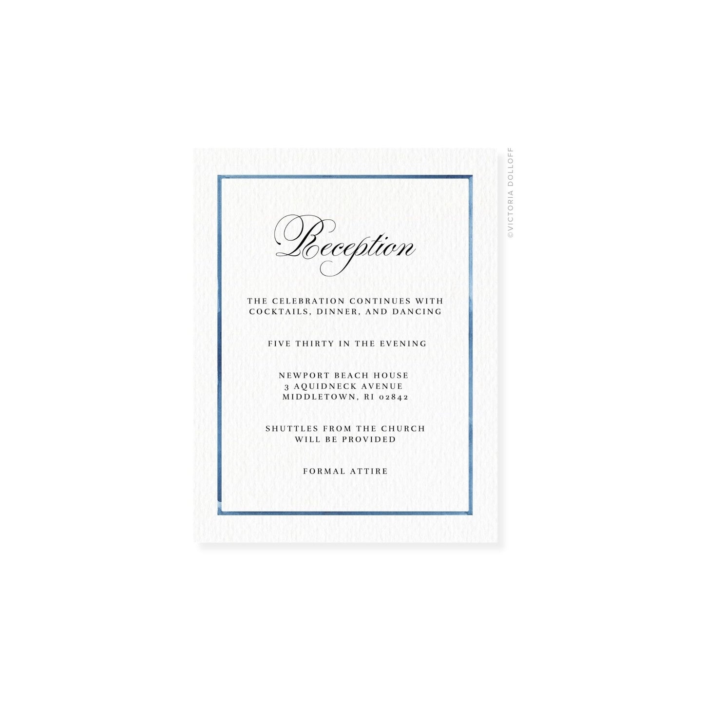 Reception enclosure card with blue border and dark script “Reception” title