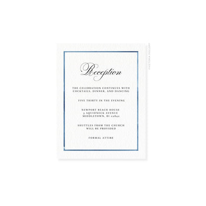 Reception enclosure card with blue border and dark script “Reception” title