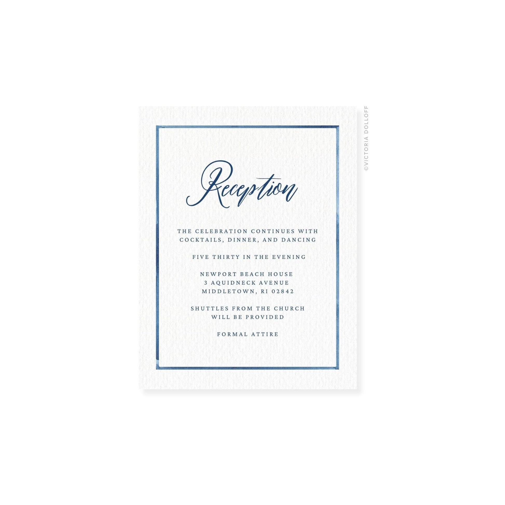 Reception enclosure card with blue border and navy script “Reception” title