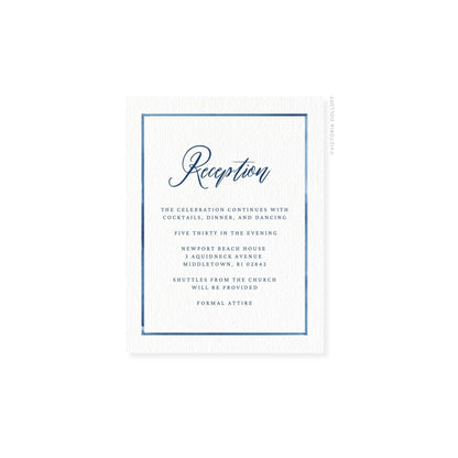 Reception enclosure card with blue border and navy script “Reception” title