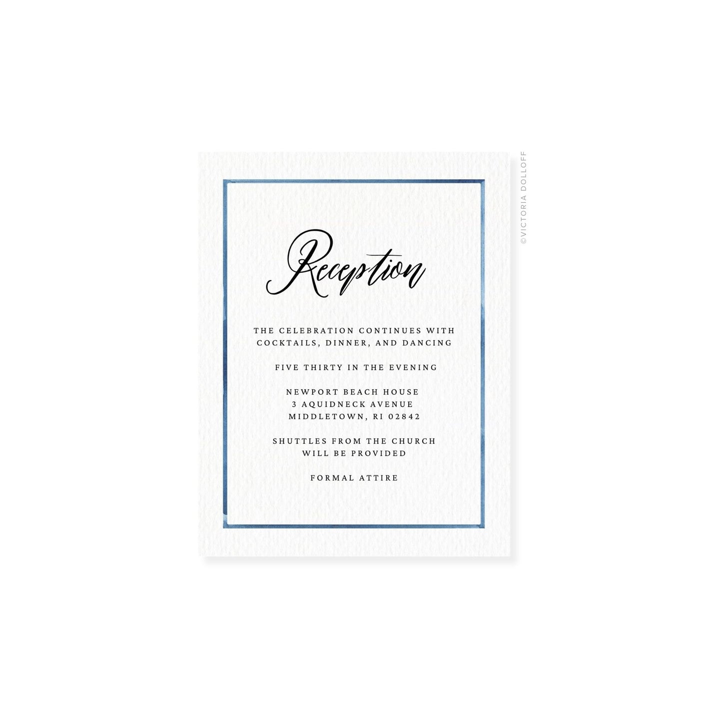 Reception enclosure card with blue border and black script “Reception” title