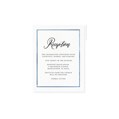 Reception enclosure card with blue border and black script “Reception” title
