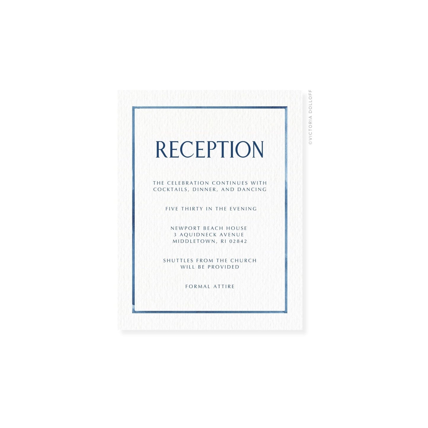 Reception enclosure card with blue border and uppercase navy “RECEPTION”