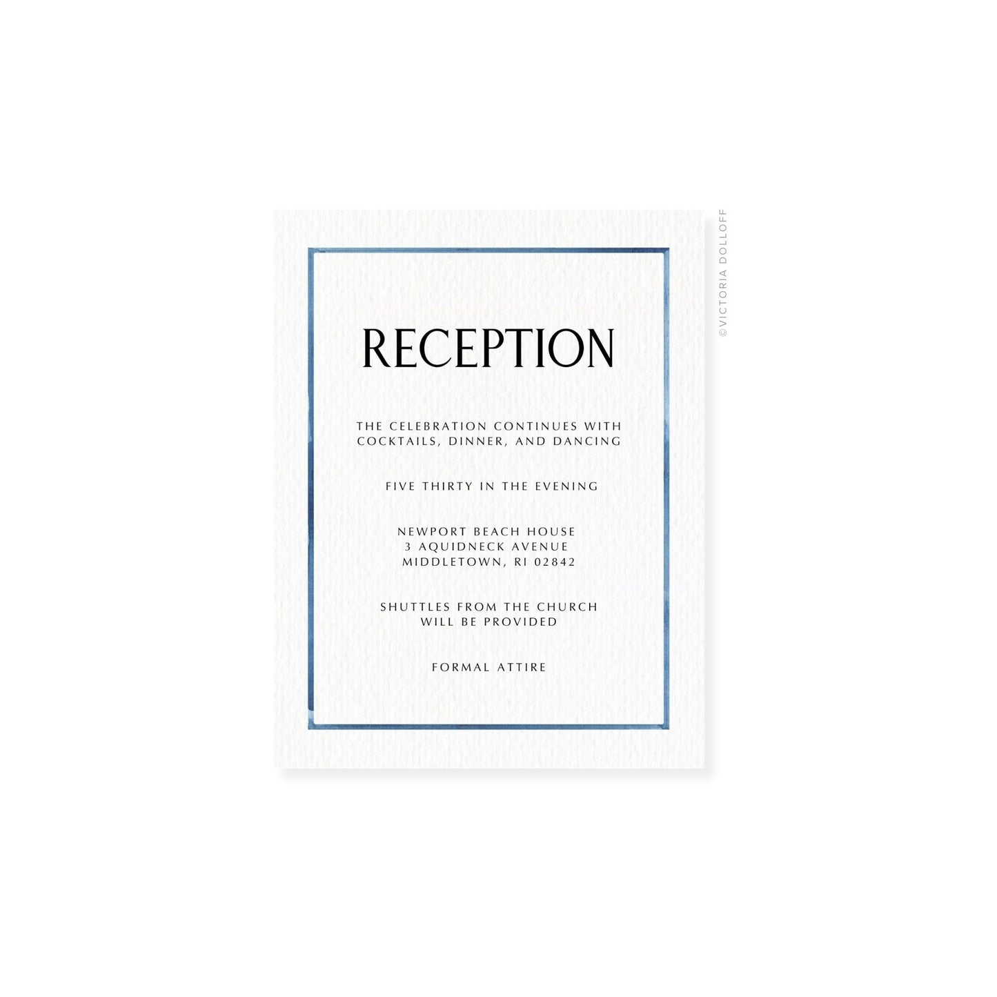 Reception enclosure card with blue border and uppercase black “RECEPTION”