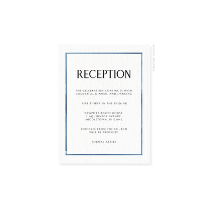 Reception enclosure card with blue border and uppercase black “RECEPTION”