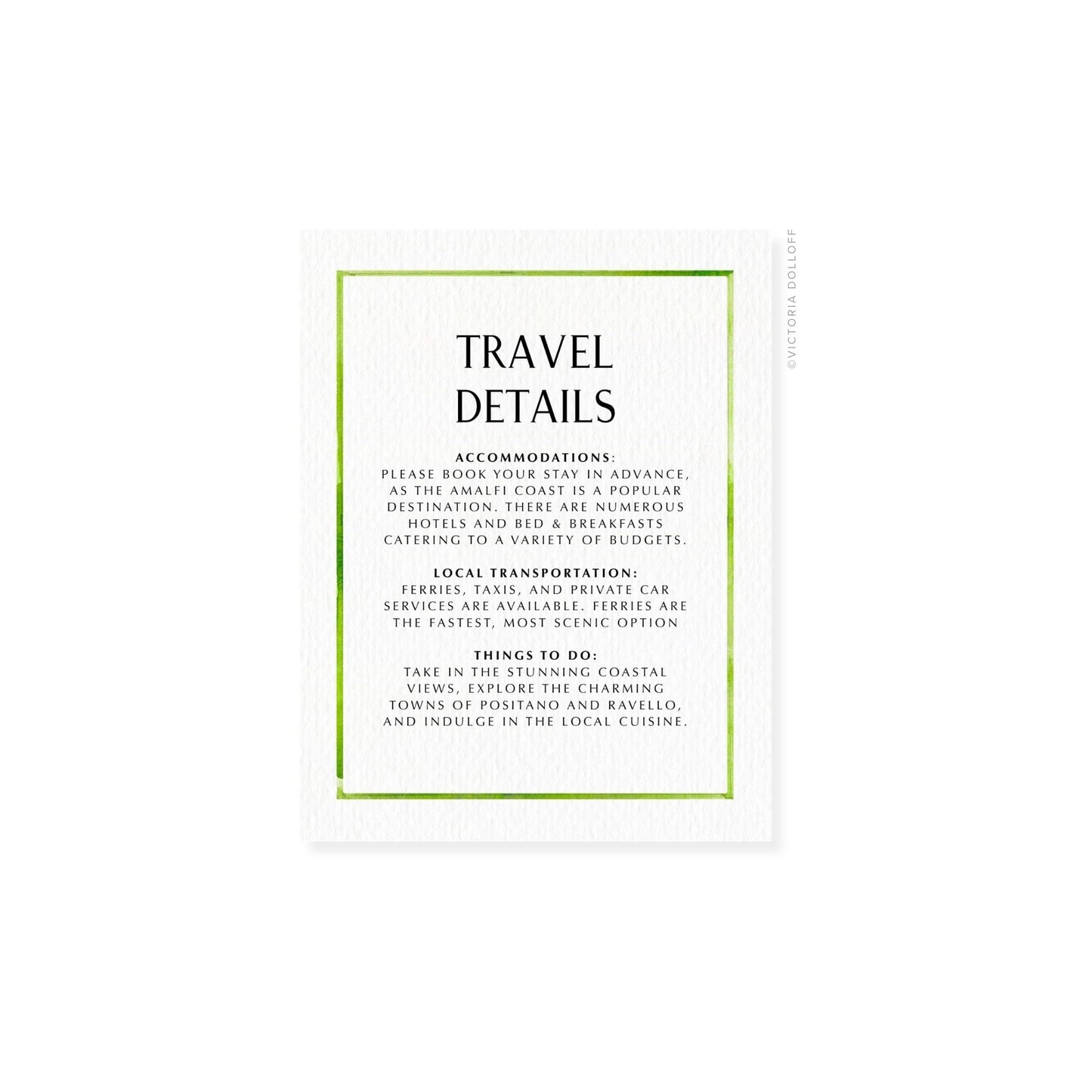 Travel Details card with green border and Clean uppercase text in black