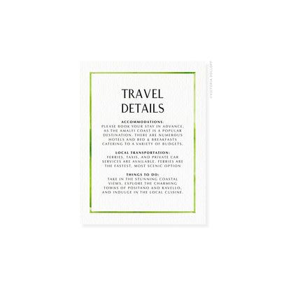 Travel Details card with green border and Clean uppercase text in black