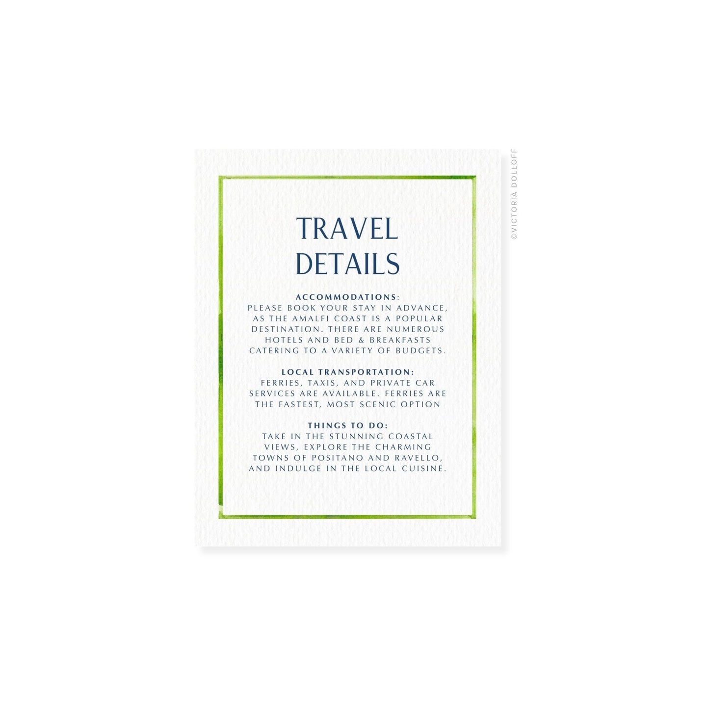 Travel Details card with green border and Clean uppercase text in navy blue