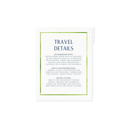 Travel Details card with green border and Clean uppercase text in navy blue