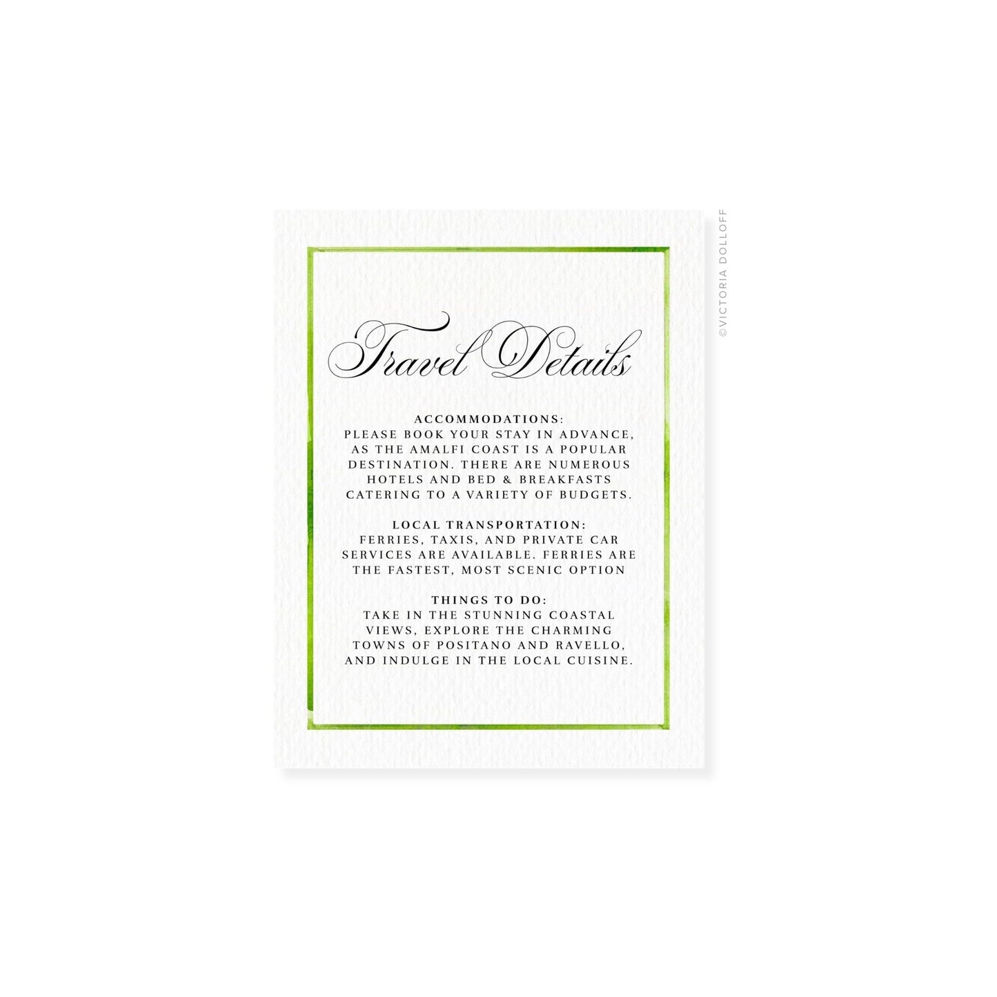 Travel Details card with bright green border and cursive header text
