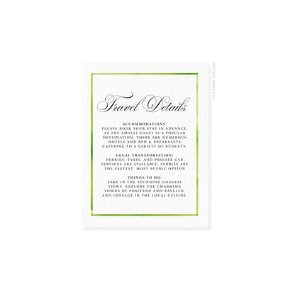 Travel Details card with bright green border and cursive header text