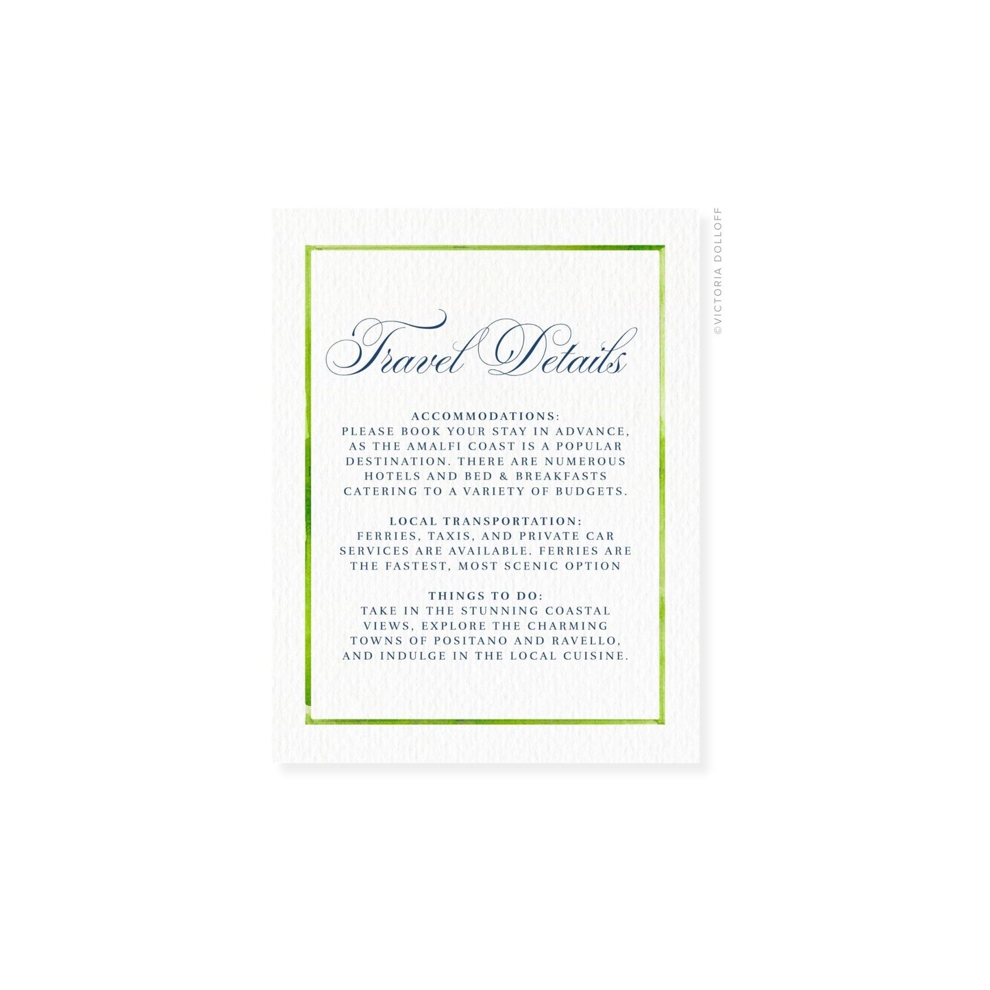 Travel Details card with light green border and cursive title text