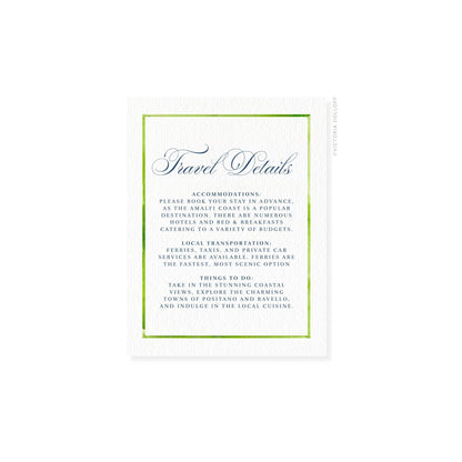 Travel Details card with light green border and cursive title text