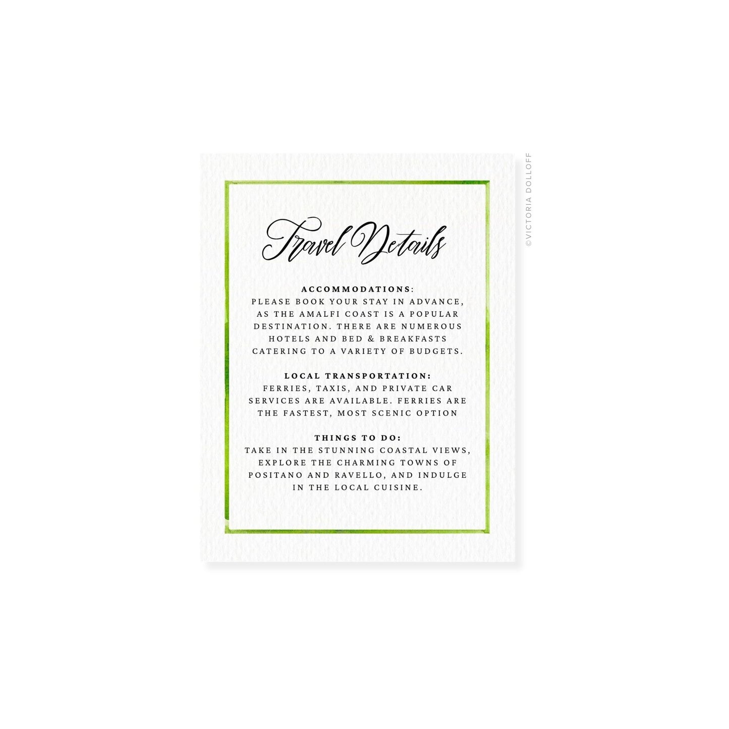 Travel Details card with green watercolor border and cursive details layout