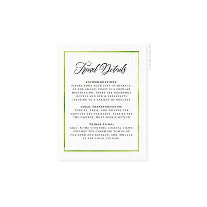 Travel Details card with green watercolor border and cursive details layout