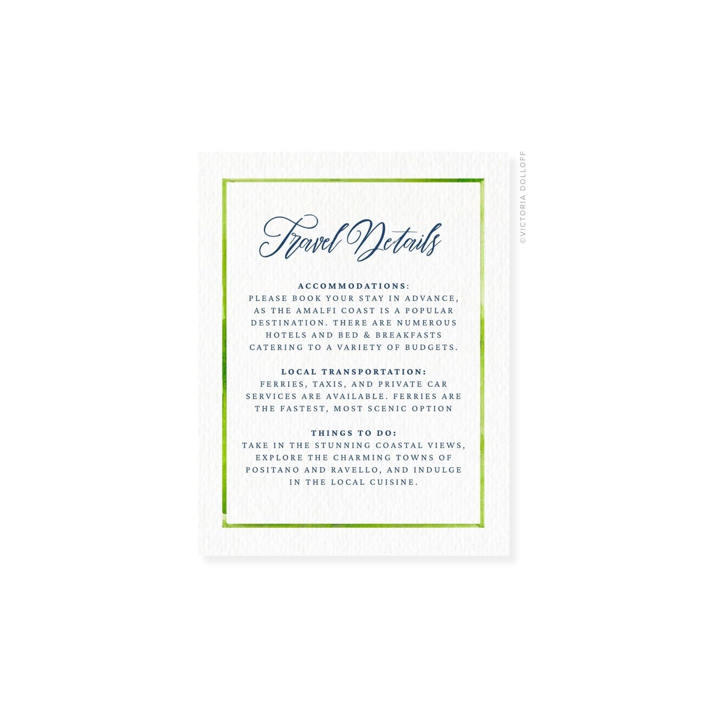 Travel Details card with green watercolor border and cursive header