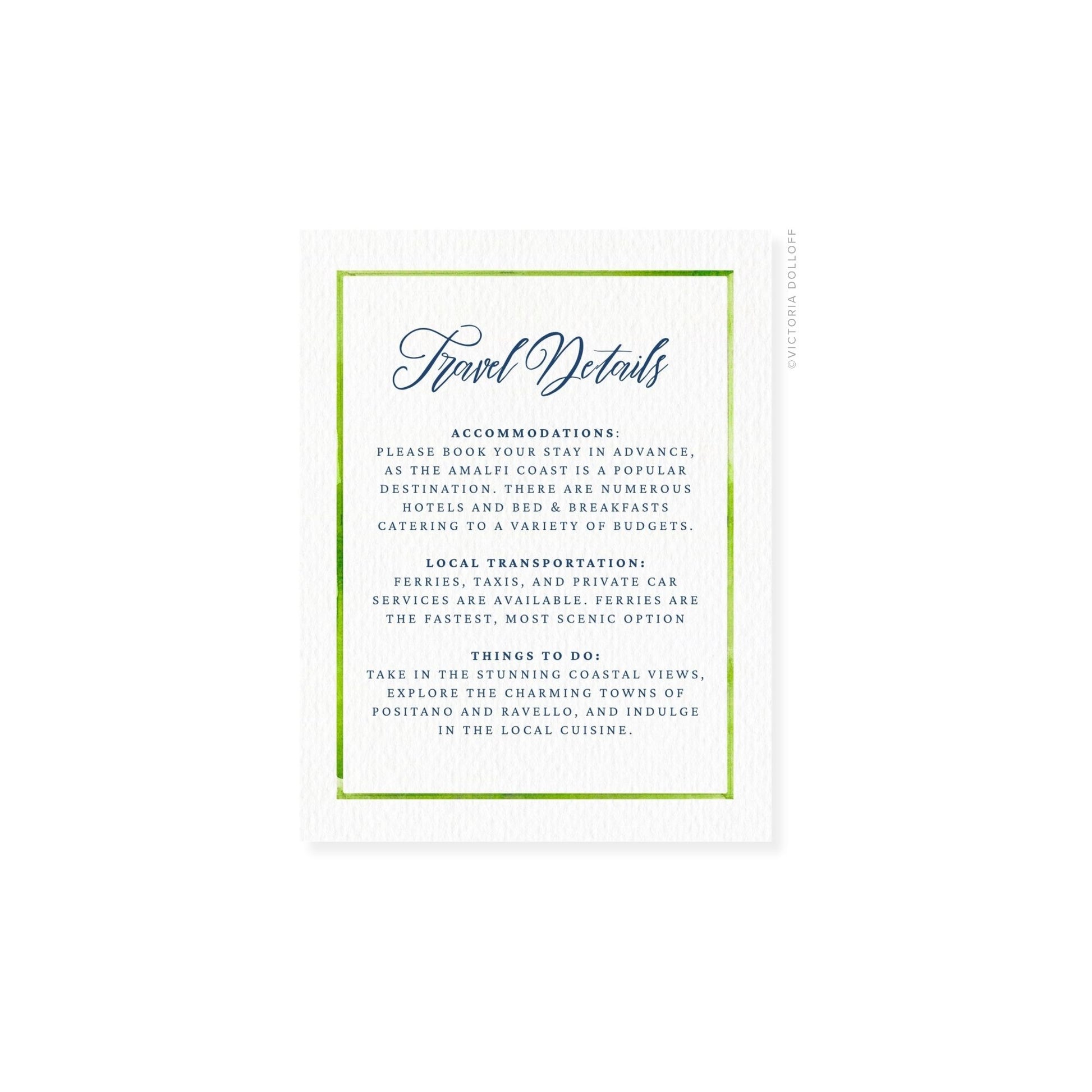 Travel Details card with green watercolor border and cursive header