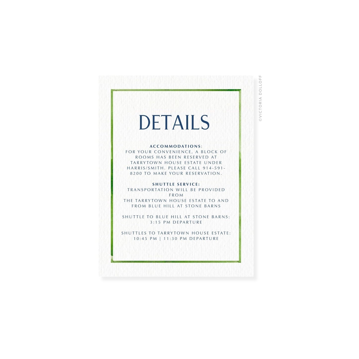 Enclosure card “DETAILS” with pear-green border and blue lettering