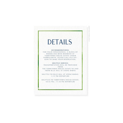 Enclosure card “DETAILS” with pear-green border and blue lettering