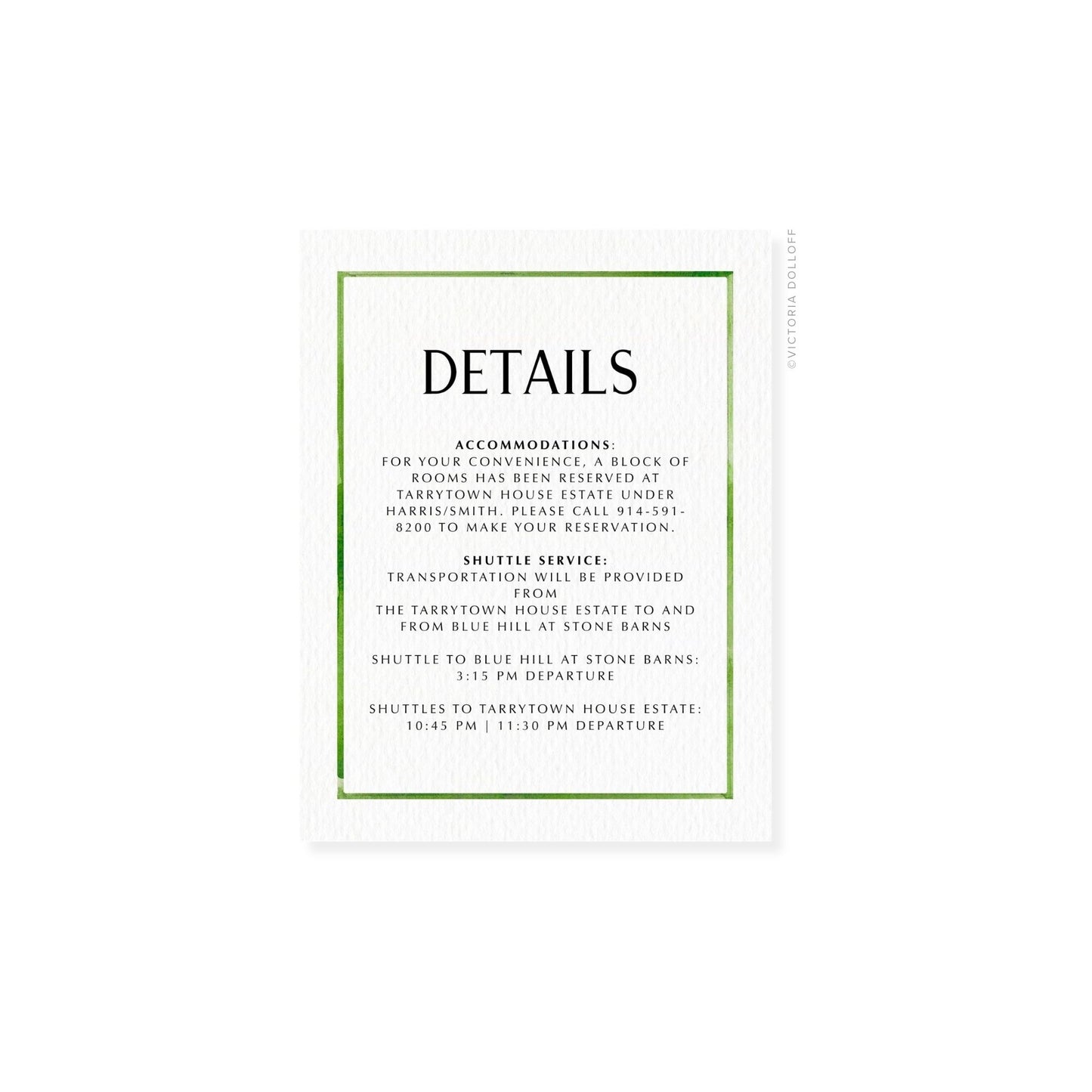 Enclosure card “DETAILS” with pear-green border and black lettering