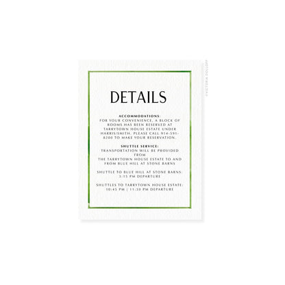 Enclosure card “DETAILS” with pear-green border and black lettering