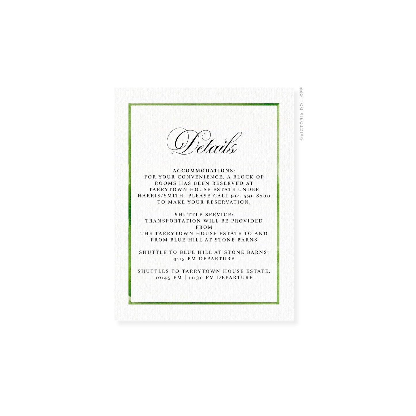 Enclosure card “Details” with pear-green border and dark gray text