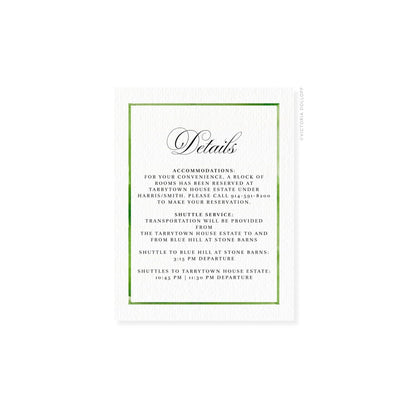 Enclosure card “Details” with pear-green border and dark gray text