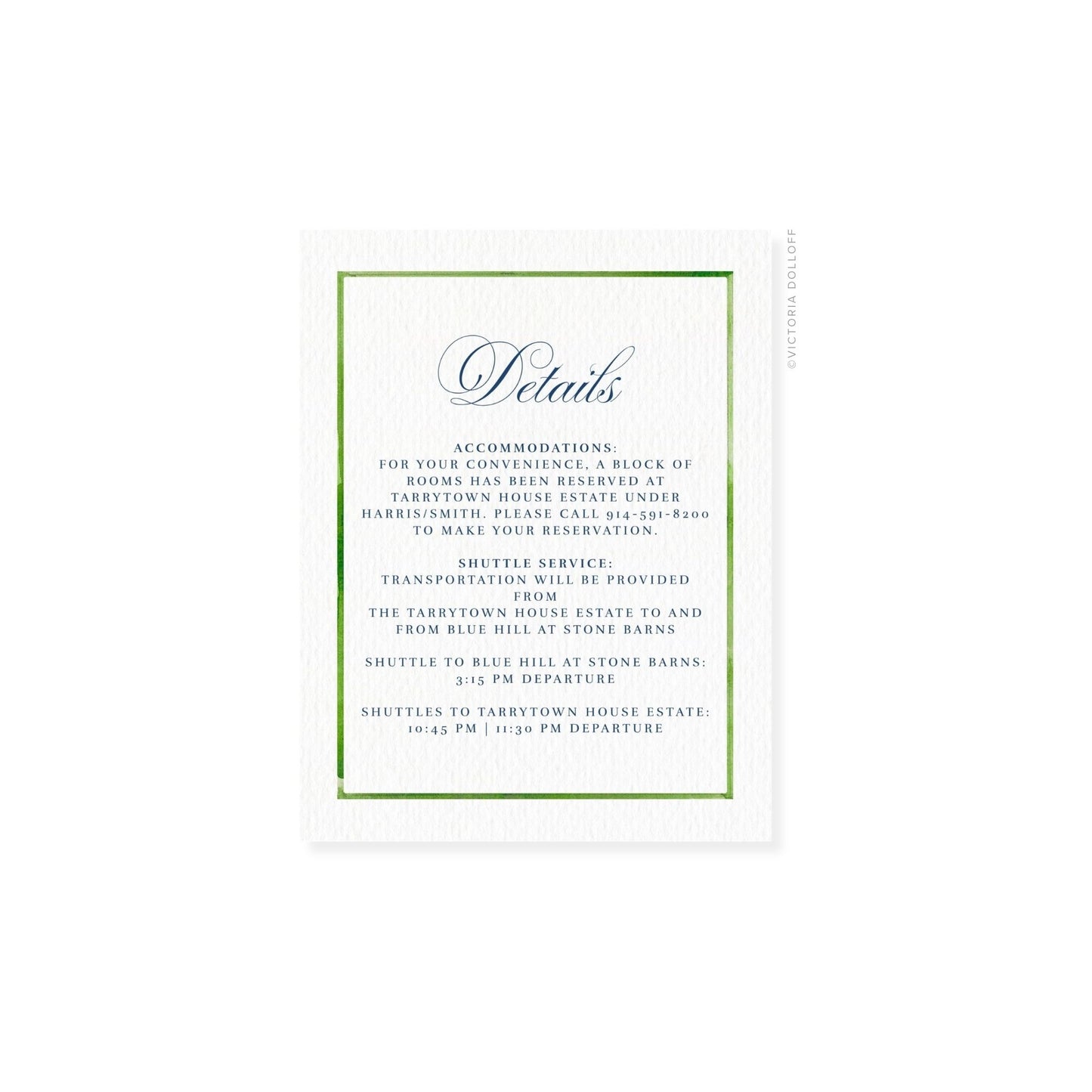 Enclosure card “Details” with pear-green border and black text
