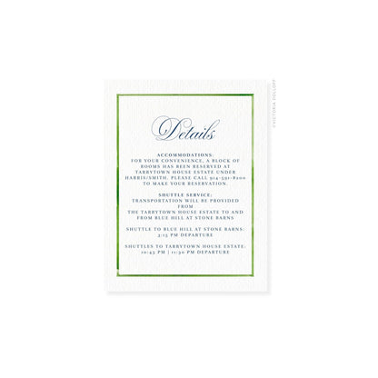Enclosure card “Details” with pear-green border and black text