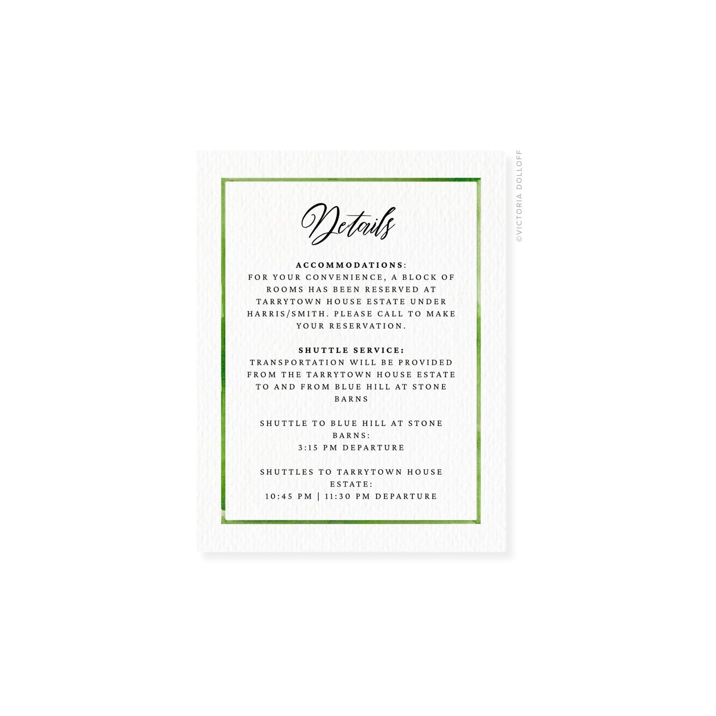 Enclosure card “Details” with pear-green border and gray-black text