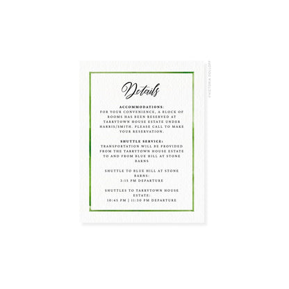 Enclosure card “Details” with pear-green border and gray-black text