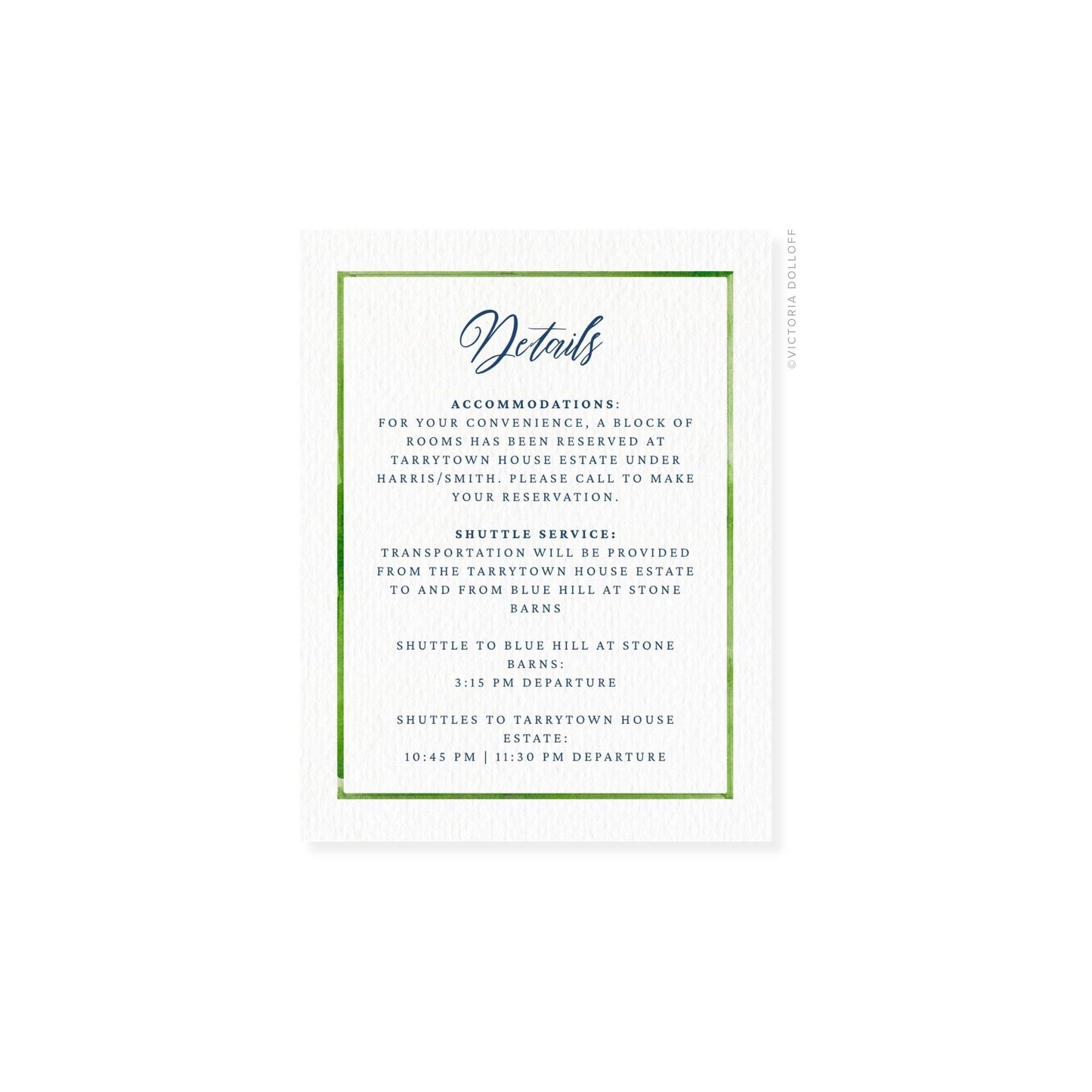 Enclosure card “Details” with pear-green border and blue script heading