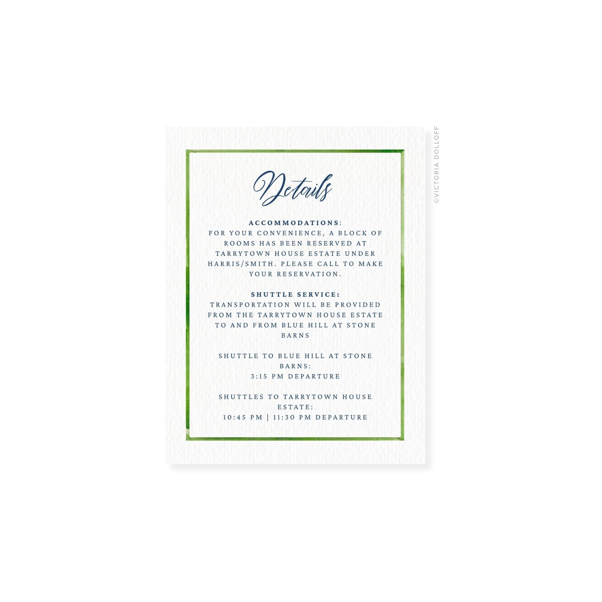 Enclosure card “Details” with pear-green border and blue script heading
