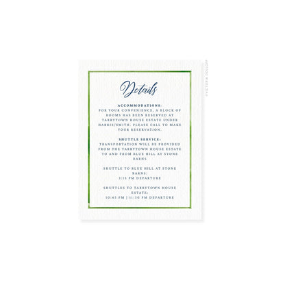 Enclosure card “Details” with pear-green border and blue script heading