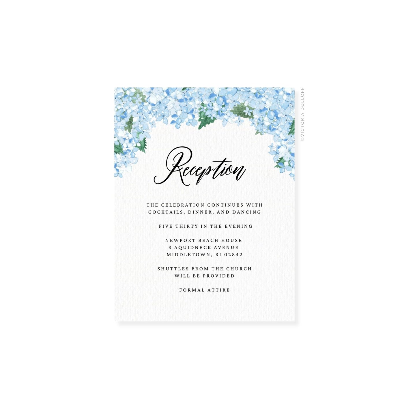 Hydrangea watercolor enclosure card, 'Reception' navy script centered on white