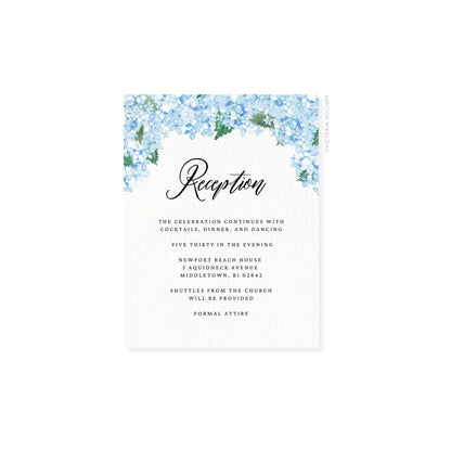 Hydrangea watercolor enclosure card, 'Reception' navy script centered on white