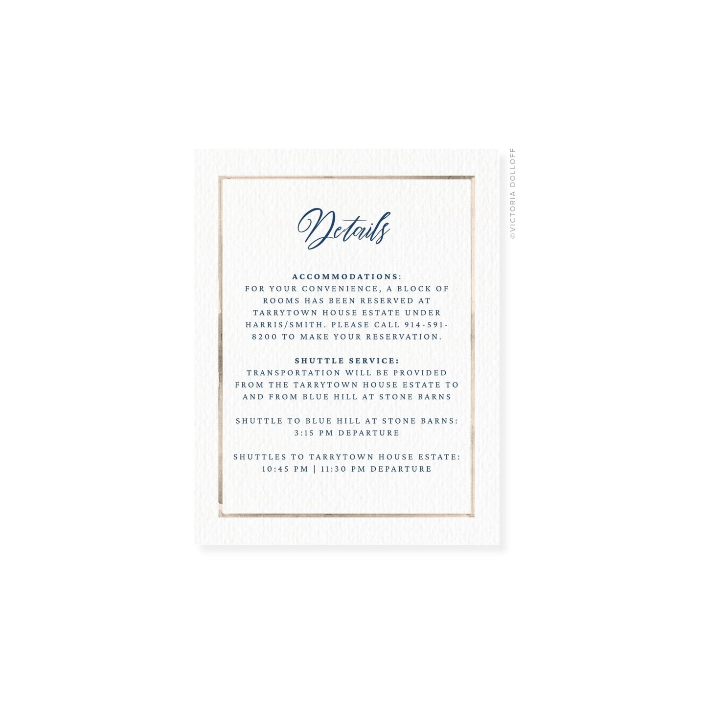 Watercolor border enclosure card, sand border, cursive “Details” heading in dark ink