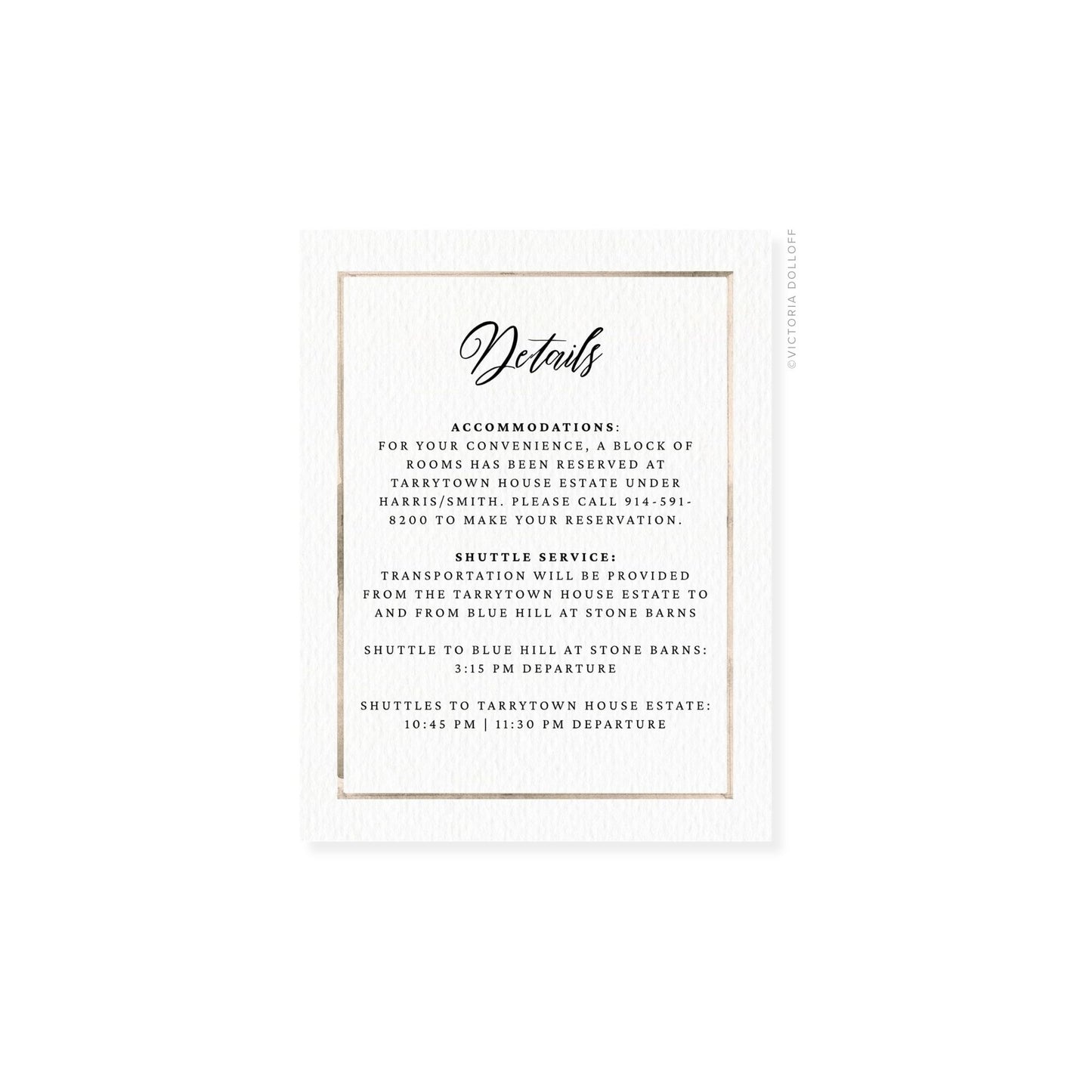 Watercolor border enclosure card, sand border, cursive “Details” with accommodations and shuttle text