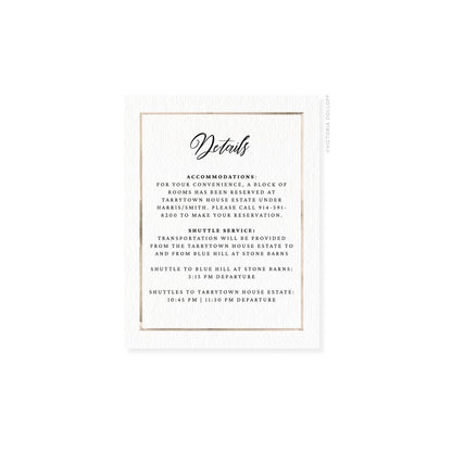 Watercolor border enclosure card, sand border, cursive “Details” with accommodations and shuttle text