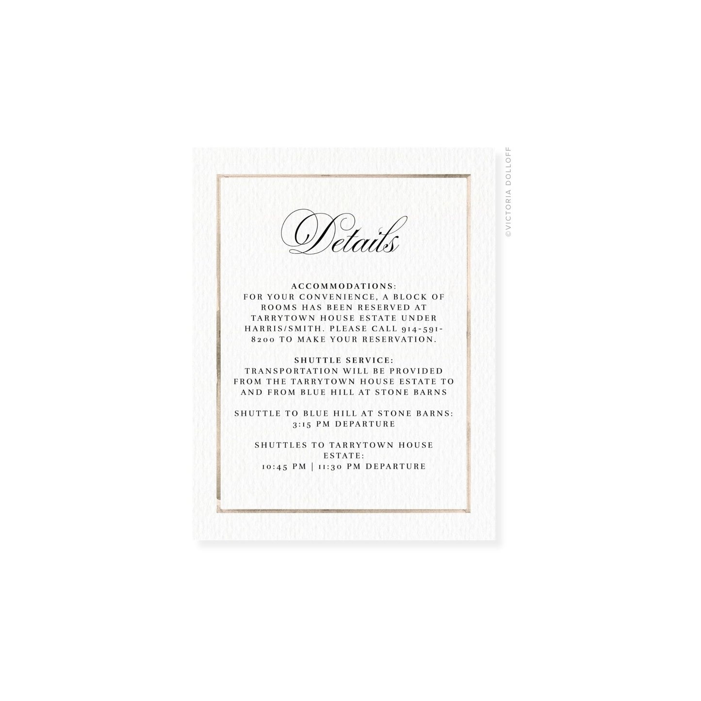 Watercolor border enclosure card, sand border, cursive “Details” with full details layout