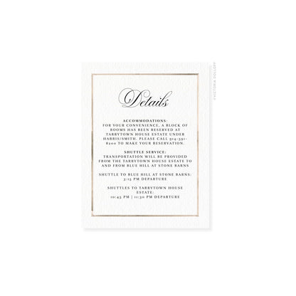 Watercolor border enclosure card, sand border, cursive “Details” with full details layout