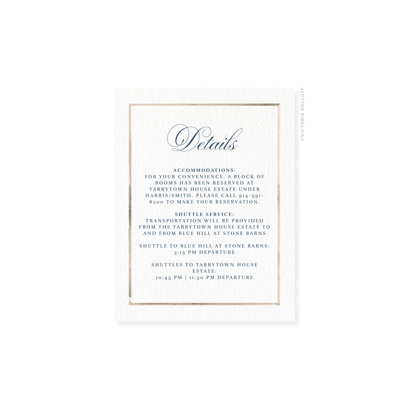 Watercolor border enclosure card, sand border, cursive “Details” with reservation details text