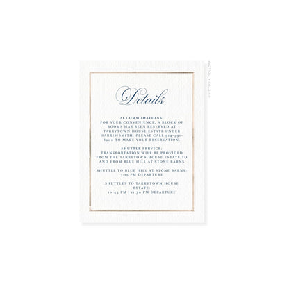 Watercolor border enclosure card, sand border, cursive “Details” with reservation details text