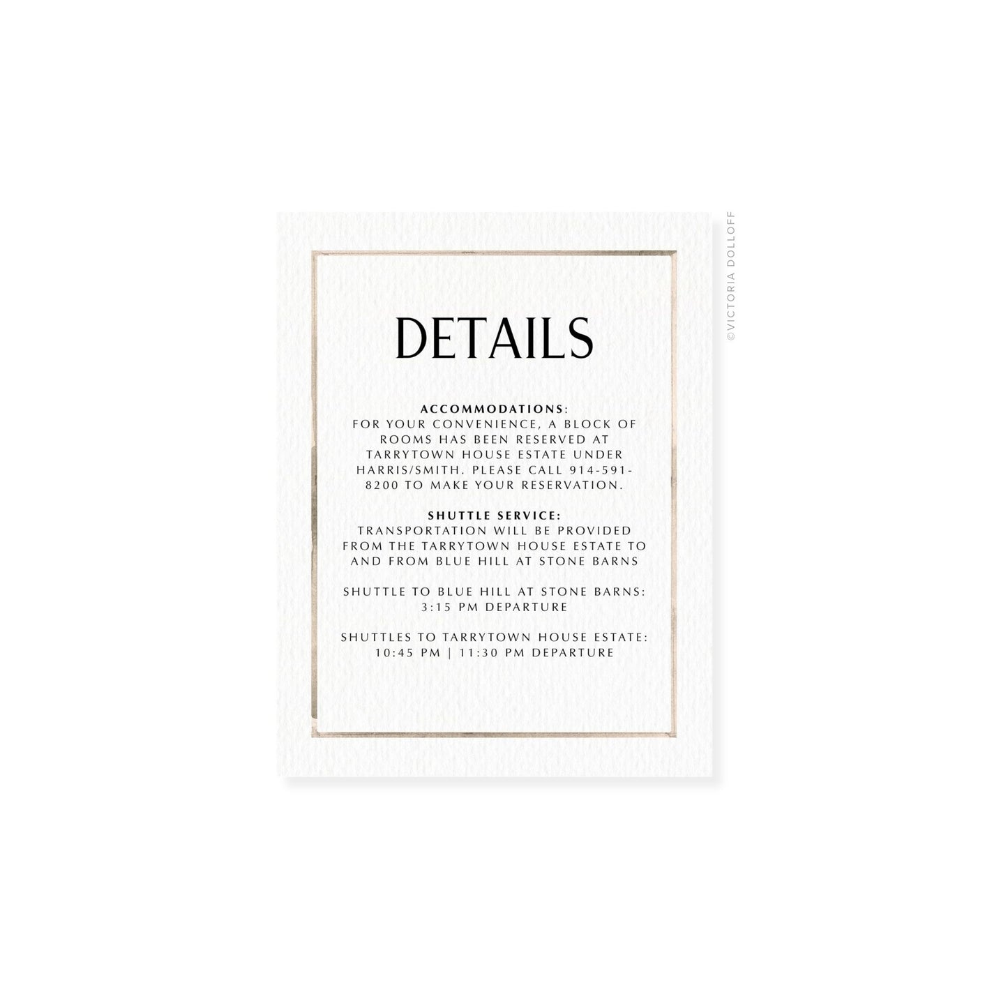 Watercolor border enclosure card, sand border, uppercase “DETAILS” heading in black