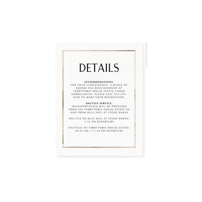 Watercolor border enclosure card, sand border, uppercase “DETAILS” heading in black